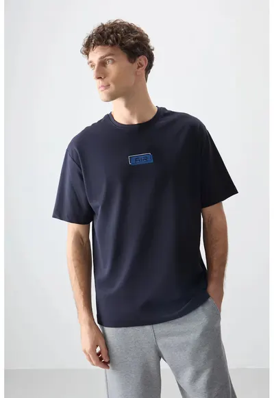 Tricou Oversized cu Logo - Albastru Marin - pentru Femei
