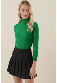 Pulover dama HiCCUP - texturat - guler inalt - verde - tricot