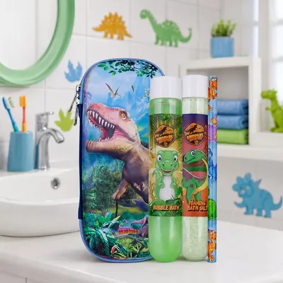 Set cadou de baie pentru copii, Dinopark Adventure, Accentra, spumant, sare de saie spumantă și creion cu dinozauri