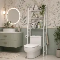 Suport depozitare peste toaleta, 3 polite, cadru metalic alb, organizator baie modern, 150 x 50 x 23 cm