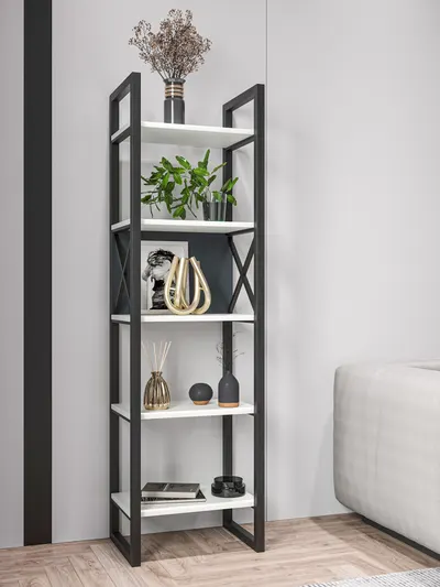 Bibliotecă îngustă, nuanta alb/antracit cu 5 polițe – design modern și elegant