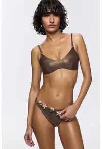Sutien bralette cu model texturat si aspect metalizat - Maro inchis