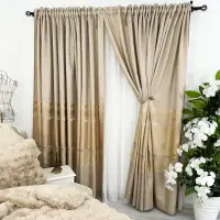 Set 2 Draperii Elite, Satinata, Texturata, Bej cu Auriu, 140cm latime x 260cm inaltime, cu tiv lat pt bara