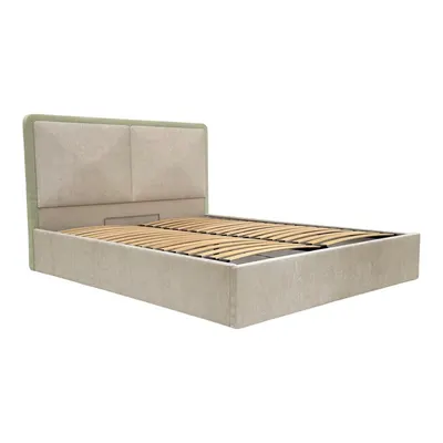 Pat matrimonial bej tapițat cu spațiu de depozitare cu somieră 180x200 cm Mara – Bobochic Paris
