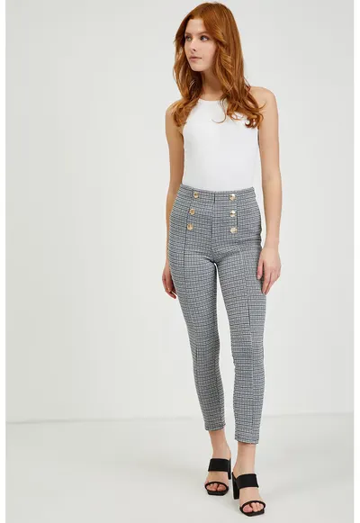 Pantaloni in carouri cu talie inalta - Negru/Gri deschis
