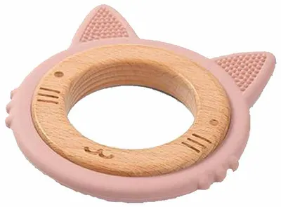 Dispozitiv de dentitie din silicon cu inel de lemn Babyono - Kitten