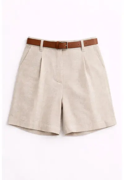 Pantaloni scurti - talie inalta - picior larg - natural - bumbac