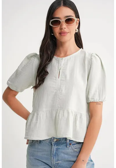 Bluza dama HiCCUP - muselina texturata - guler rotund - alb - bumbac