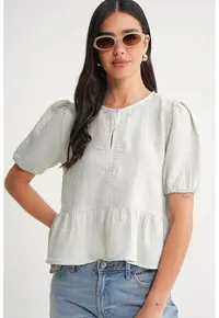 Bluza dama HiCCUP - muselina texturata - guler rotund - alb - bumbac