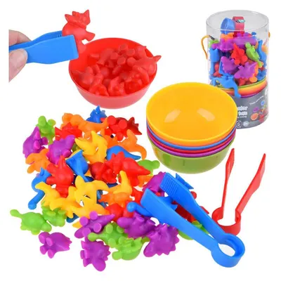 Set pentru sortat, Cu dinozauri din plastic si boluri colorate, Multicolor