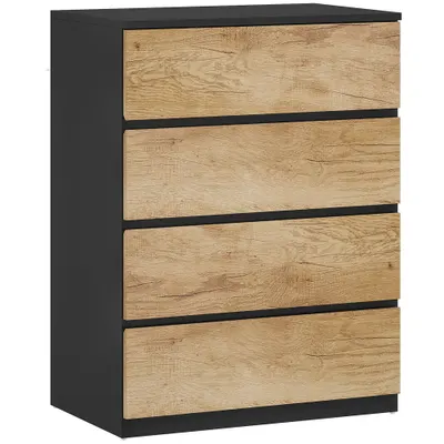 HOMCOM Comodă cu 4 Sertare din Lemn cu Șine Metalice și Mânere Frezate, 60x40x80 cm, Negru și Stejar | Aosom Romania