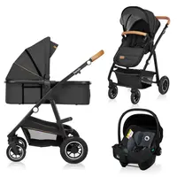 Carucior 3 in 1, Lionelo, Amber, Cadru aluminiu, Cu landou intarit si salteluta moale, Cu scoica auto testata ADAC, Reversibil, Cu accesorii, Geanta parinti, Pana la 22 kg, Gri Inchis