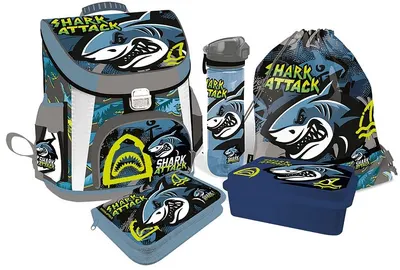 Set școlar Lizzy Card Shark Attack - Rucsac, penar, geantă sport, sticlă și cutie pentru mâncare