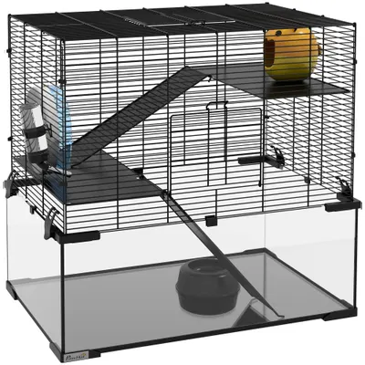 PawHut Cușcă pentru Hamsteri, Gerbili și Animale Mici din Fir de Otel și Sticlă cu Rotiță, 60x40x57 cm, Negru | Aosom Romania