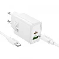 Incarcator Retea Cu Cablu USB-C HOCO N61, 20W, 3A, 1 x USB-A - 1 x USB-C, Alb