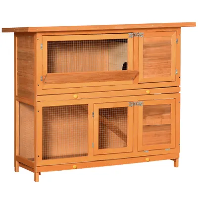 PawHut Cușcă de Iepuri din Lemn cu Rampă si 2 Nivele, 122x48x100 cm, Galben | Aosom Romania