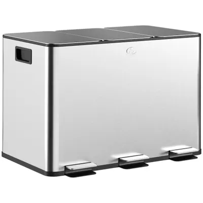 HOMCOM Coș de Gunoi cu 3 Compartimente de 20L, Cu Pedală, Capace cu Închidere Silențioasă, Oțel Inoxidabil și PP, 61,9x36,6x56,7 cm, Argintiu | Aosom Romania