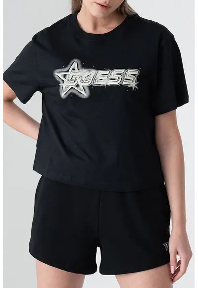 Tricou crop cu imprimeu logo pentru fitness - Negru/Maro nisip