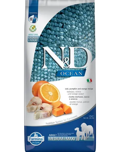 FARMINA N&D Dog Ocean Adult Medium &Maxi Hrana uscata pentru caini de talie medie si mare, cu cod si dovleac 12 kg