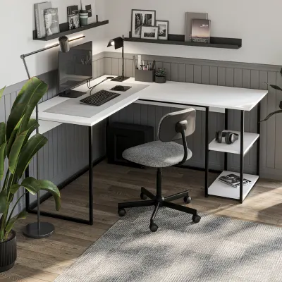 Birou de colt in forma L 140x147,8x73,8 cm, cu rafturi integrate si cadru metalic, pentru home office sau birou