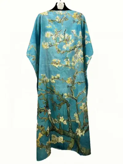 Rochie de plaja lunga tip poncho din matase cu reproducere dupa Migdal Inflorind de Van Gogh