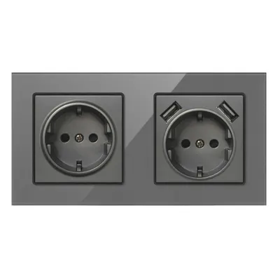 Priza Dubla De Perete Cu 2 Porturi USB Si Panou Din Sticla Techstar® TS-G, 110-250V, 16A, Ignifuga, 80x151mm, Gri