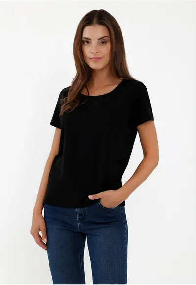Tricou de bumbac cu decolteu la baza gatului - T‑DIANA - Czarny - Negru