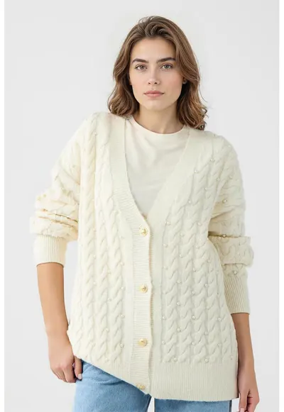 Cardigan supradimensionat cu model torsade si perle sintetice - Alb fildes
