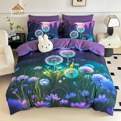 Lenjerie pat dublu, FINET, Imprimeu Digital 5D - Identic cu poza, Cu ELASTIC, 6 piese, Jojo Home, Mov, Papadii