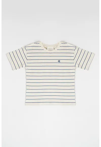 Tricou in dungi cu monograma brodata - Bej/Albastru