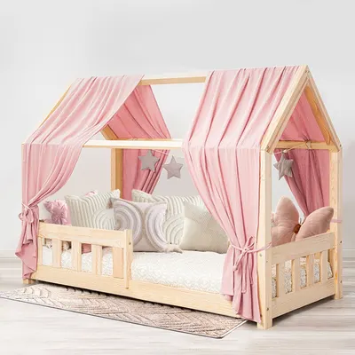 Pat copii montessori tip casuta, LittleAmy, Angel Nest, Balustrade cu bare plate, Natur, 100 x 180 cm