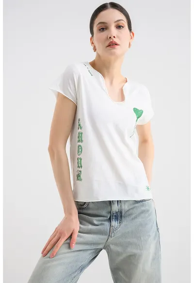 Tricou cu elemente cu strasuri Tunisien - Alb/Verde