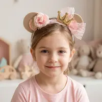 Bentiță de păr cu urechiușe și fundiță roz cu coroană aurie, Zooky