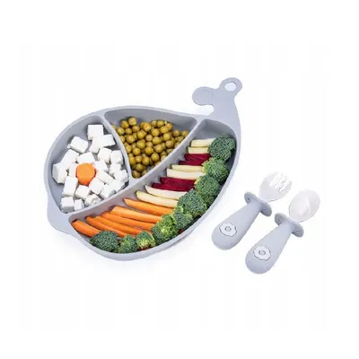 Set de masa, Giligums, Balena, Cu farfurie, Cu 2 tacamuri, Din silicon, Fara BPA, 6 luni+, Gri