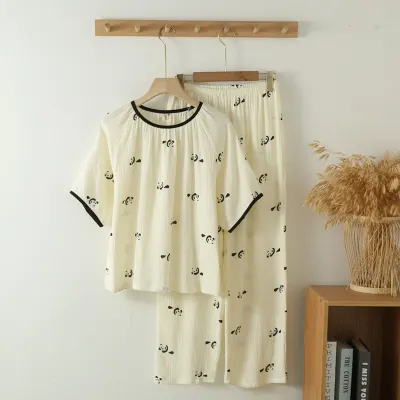 Pijama dama "Panda Mood" din doua piese, PJ025, Bej
