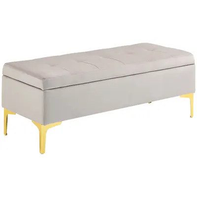HOMCOM Bancă Otomană de Depozitare, Capăt de Pat din Catifea cu Picioare și Spațiu de Depozitare, 120x44x44.5 cm, Gri Deschis | Aosom Romania