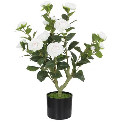 HOMCOM Plantă Artificială de Camelie 65cm Copac Artificial în Maceta cu Flori de Mătase Realiste 116 Hojas Efecto Musgo Alb | Aosom Romania