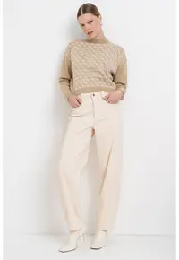 Pulover cu model monograma - Alb/Maro camel