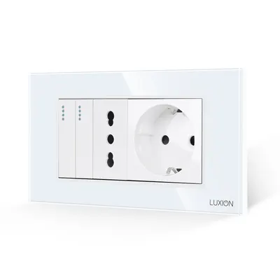 Intrerupator Dublu + Priza Ingusta + Priza Schuko cu Rama din Sticla LUXION, Standard Italian, 4M
