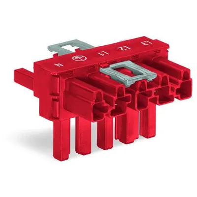 T-distribution connector; 5-pole; Cod. P; 1 input; 2 outputs; outputs on both sides; 2 locking levers; red