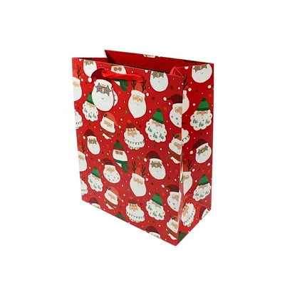 Pungă pentru cadouri de Crăciun Eurowrap, roșie cu Moș Crăciun, 26.5 x 33 cm, cu burduf 14 cm și tag inclus