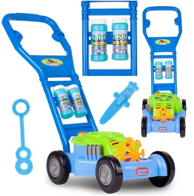 Masina de tuns iarba Bubbles, genereaza baloane din sapun, cu Muzica si 2 rezerve 118ml incluse, 26 x 17cm, Blue