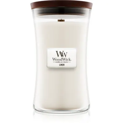Woodwick Linen lumânare parfumată cu fitil din lemn 609.5 g