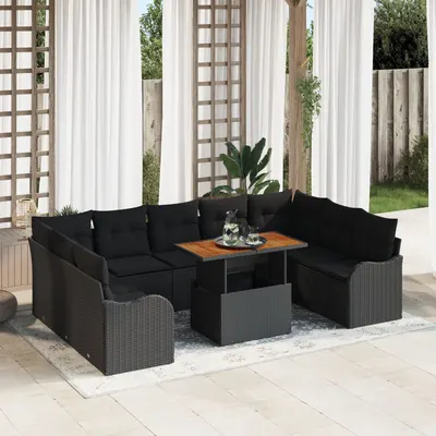 Gossi set canapea de gradina cu 10 piese si perne din ratan poly negru, Gossi canapea de gradina cu 2 locuri si perne din ratan poly negru