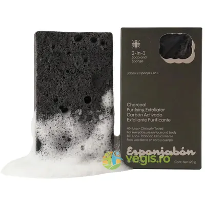 Burete de Baie si Sapun Incorporat 2 in 1 cu Efect Purifiant si Exfoliant cu Carbune Activ 120g