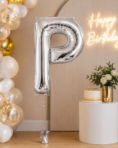 Balon din folie aluminiu, Litera P, Argintiu, Gigant 81 cm (32 inch)
