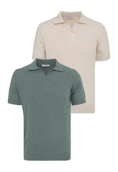 Set de tricouri din bumbac cu guler polo - 2 piese - Verde/Ocru