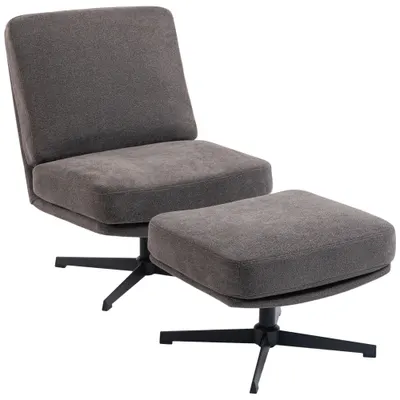 HOMCOM Fotoliu cu taburet rotativ, fotoliu lounge cu aspect de in pentru living, gri închis | Aosom Romania