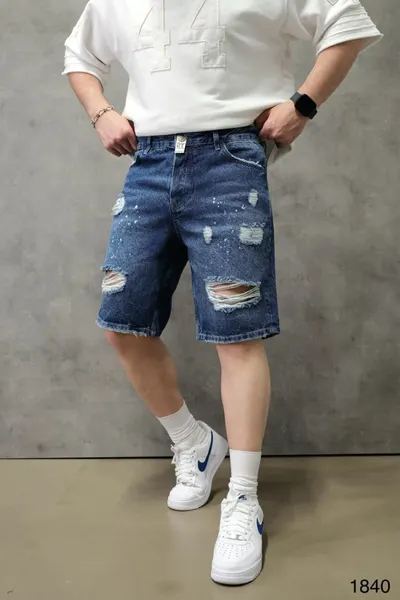 Blugi Scurți Denim Albaștri cu Efect Uzat și Rupturi Decorative Psas221(1840) (mărime: 30)
