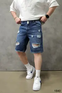 Blugi Scurți Denim Albaștri cu Efect Uzat și Rupturi Decorative Psas221(1840) (mărime: 30)